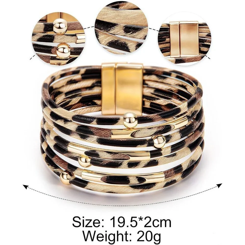 Women's Brown Leather Wrap Boho Leopard Multi Layer Crystal Beads Cuff Bracelet
